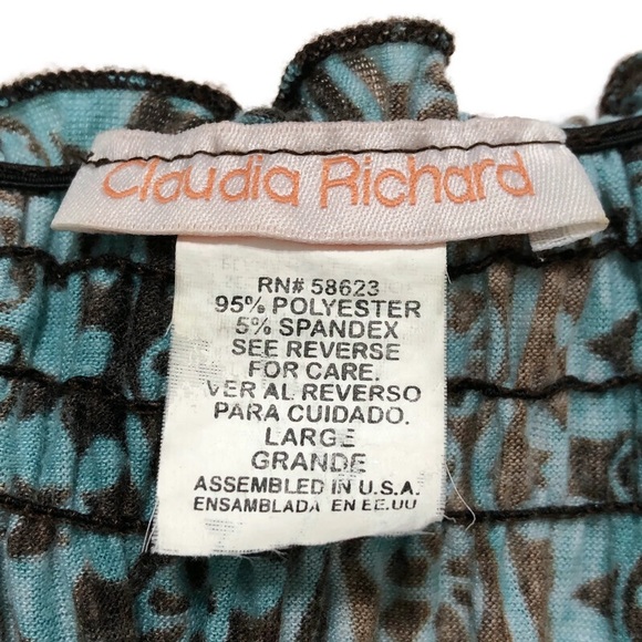 CLAUDIA RICHARD Boho Peasant Top Blue Brown Sz LG - Picture 11 of 15